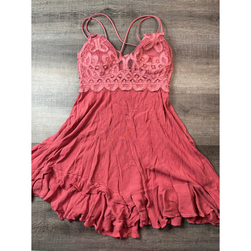 Zenana Dusty Pink Crochet Lace Ruffled Hem Cami Mini Dress Double Strap Large - Picture 11 of 14